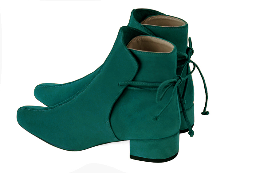 Women's peacock blue back lace-up ankle boots with round toe and low block heel - Rear view